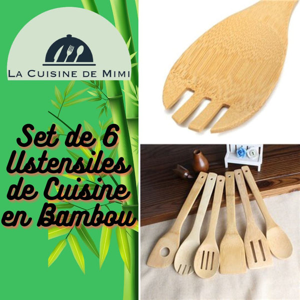 Lot de 8 Ustensiles de Cuisine en Bambou, Cuillères et Spatules en Bois