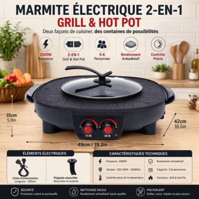 Marmite 2-en-1 Grill Hot Pot 2000W 6 Personnes | Convivial La Cuisine de Mimi