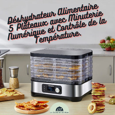 Déshydrateur Alimentaire 5 étages - Minuterie Numérique 1-72h - Température Réglable 35-70°C - 350W - Pour Fruits, Légumes, Viandes