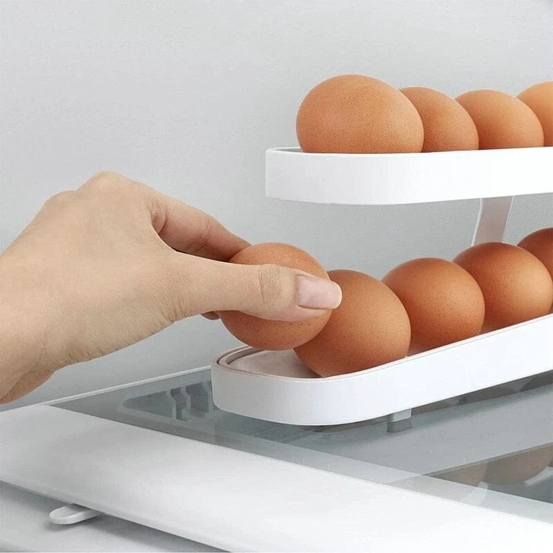 2023 Refrigerator Egg Dispenser Automatic Scrolling Egg Rack Holder Storage Box Egg Basket Container Organizer Egg Holder Fixer La Cuisine de Mimi